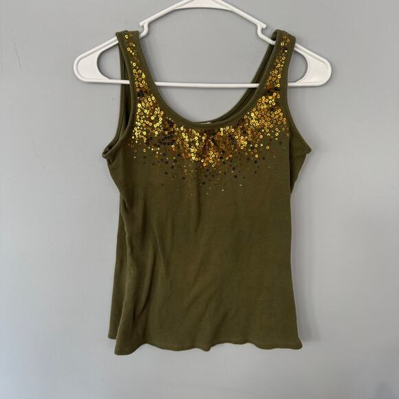 WD.NY Olive Military Green Tank Top w/ Gold Sequins Size Small Cotton & Spandex - Picture 1 of 7